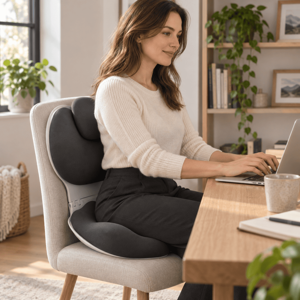 A woman sits in a light gray upholstered office chair with a black ergonomic lumbar support cushion, working at a wooden desk with a laptop in a bright home office setting.