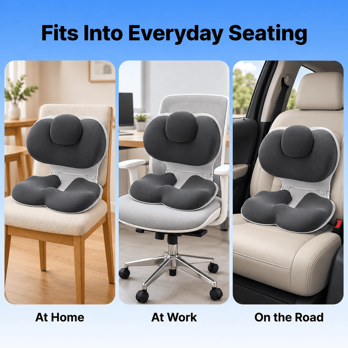 A three-panel promotional graphic showing a dark gray contoured lumbar support cushion installed on different seating: a wooden chair at home, an office desk chair at work, and a car seat on the road. The top text reads 'Fits Into Everyday Seating' and the bottom labels the scenes 'At Home', 'At Work', and 'On the Road'.