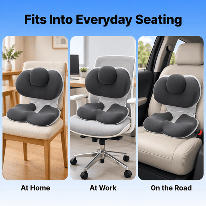 A three-panel promotional graphic showing a dark gray contoured lumbar support cushion installed on different seating: a wooden chair at home, an office desk chair at work, and a car seat on the road. The top text reads 'Fits Into Everyday Seating' and the bottom labels the scenes 'At Home', 'At Work', and 'On the Road'.