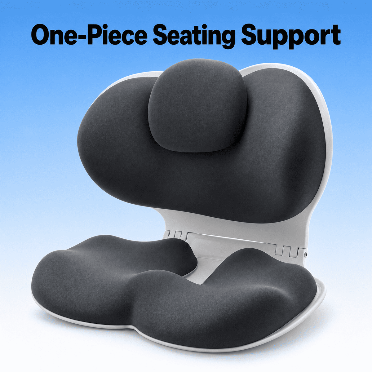 A dark gray one-piece ergonomic sitting support cushion with a white molded base, shown on a light blue gradient background with the text 'One-Piece Seating Support' at the top.