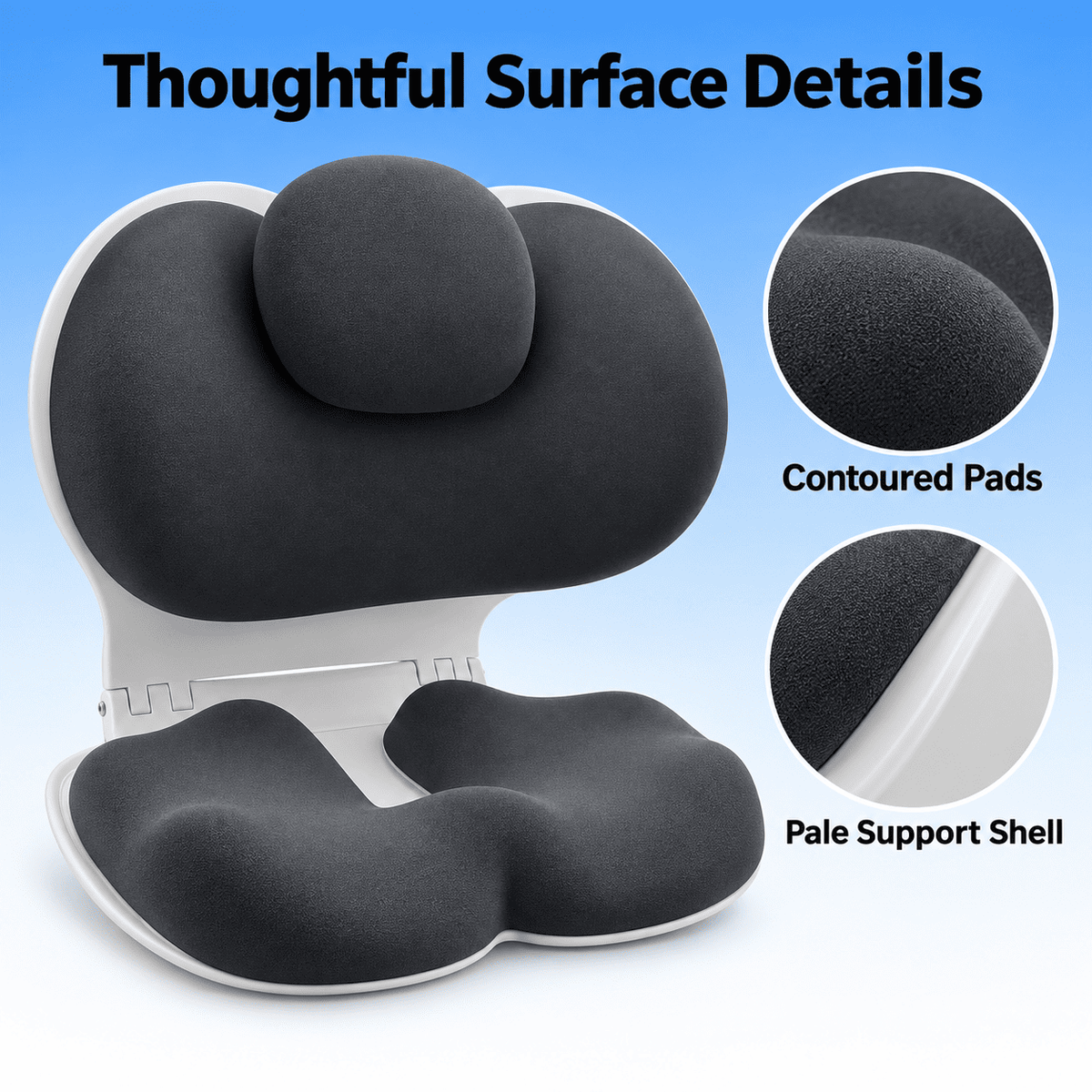 A dual-zone ergonomic desk pad with a black contoured foam design and a pale gray support shell, shown on a light blue gradient background with two circular detail callouts labeled 'Contoured Pads' and 'Pale Support Shell'.