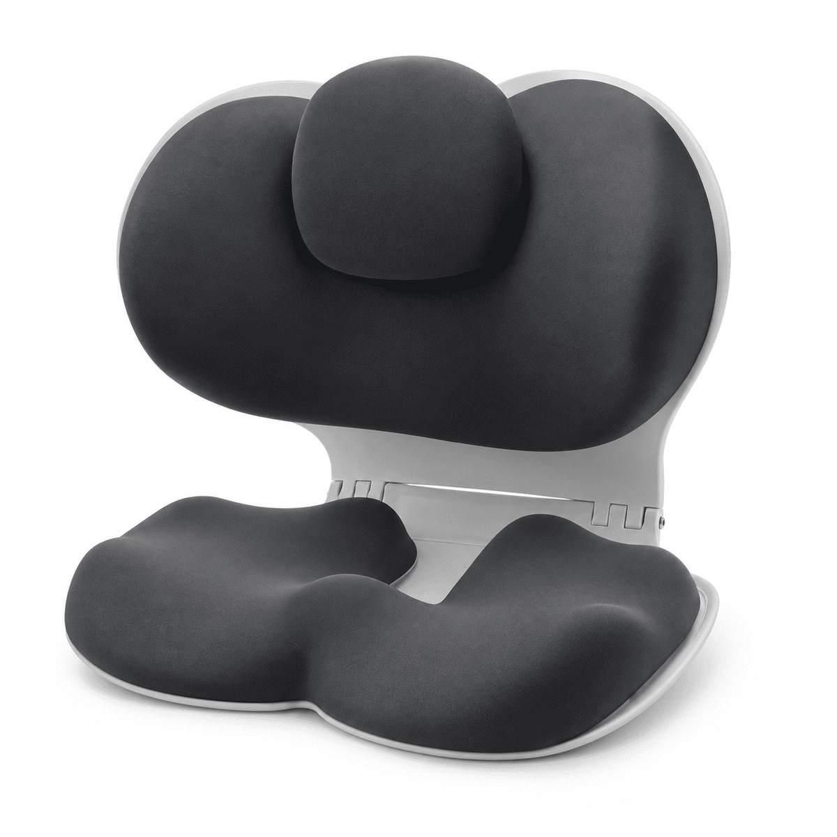 A black ergonomic split-seat cushion with a matching backrest support, shown on a clean white background.