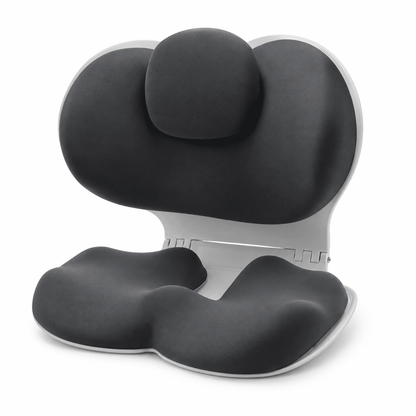A black ergonomic split-seat cushion with a matching backrest support, shown on a clean white background.