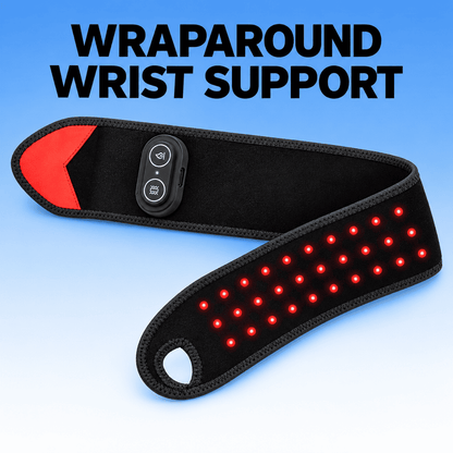 A black wraparound wrist support band with red LED light dots and a control button panel, shown on a blue gradient background with the text 'WRAPAROUND WRIST SUPPORT' at the top.