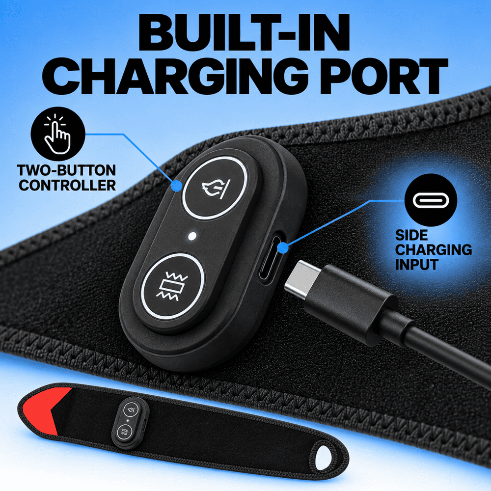 Black built-in charging port wearable controller shown on a black waistband, with a USB-C cable plugged in. The image includes text callouts reading 'BUILT-IN CHARGING PORT,' 'TWO-BUTTON CONTROLLER,' and 'SIDE CHARGING INPUT,' plus a separate controller strip at the bottom on a blue gradient background.