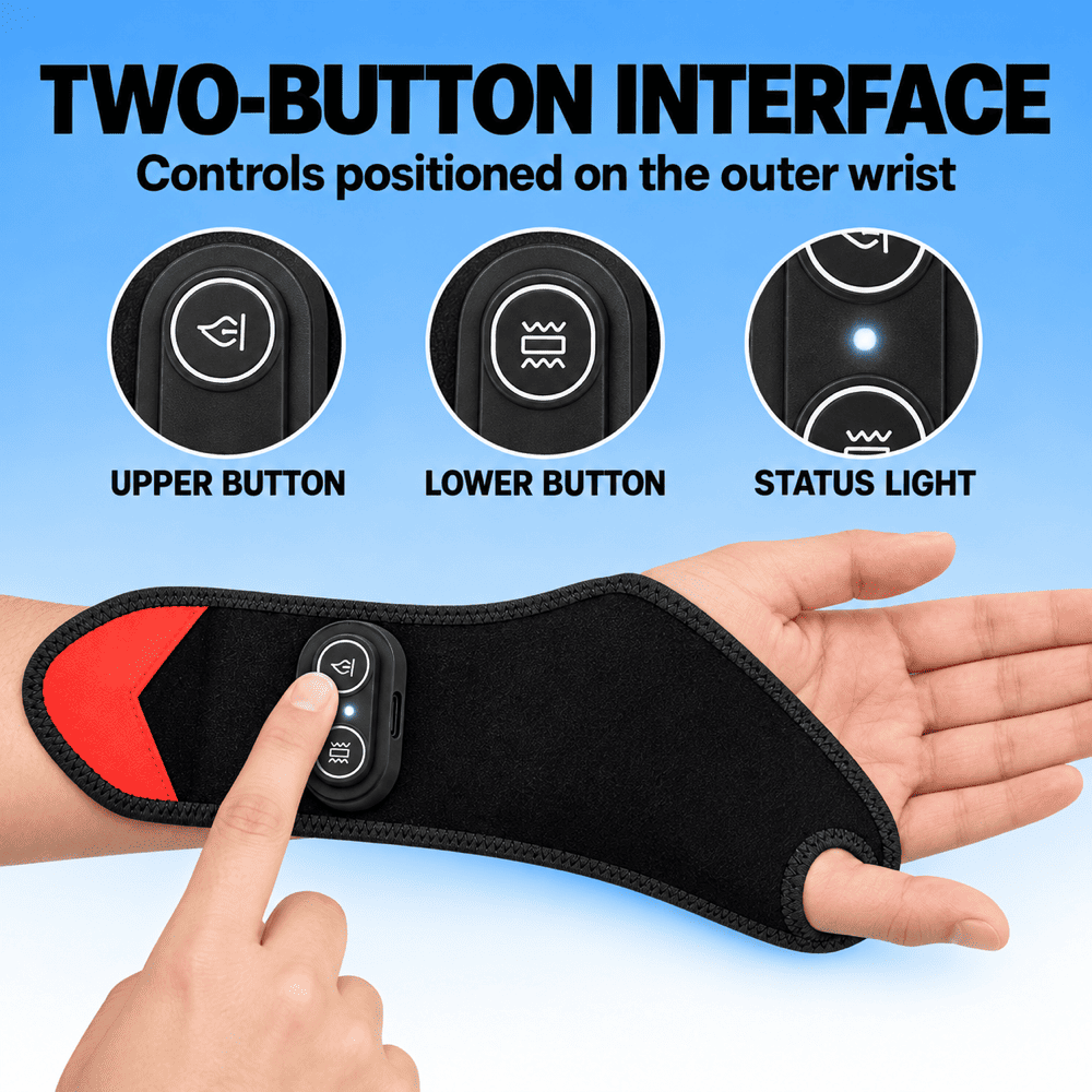 A black wrist brace with a built-in control module being worn on a hand, with a finger pressing the buttons. The image includes text and circular diagrams explaining the two-button interface and status light on the outer wrist, set against a blue gradient background.