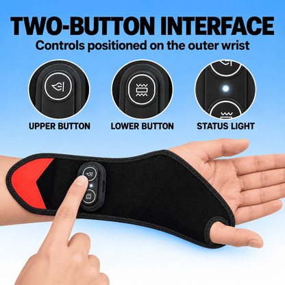 A black wrist brace with a built-in control module being worn on a hand, with a finger pressing the buttons. The image includes text and circular diagrams explaining the two-button interface and status light on the outer wrist, set against a blue gradient background.
