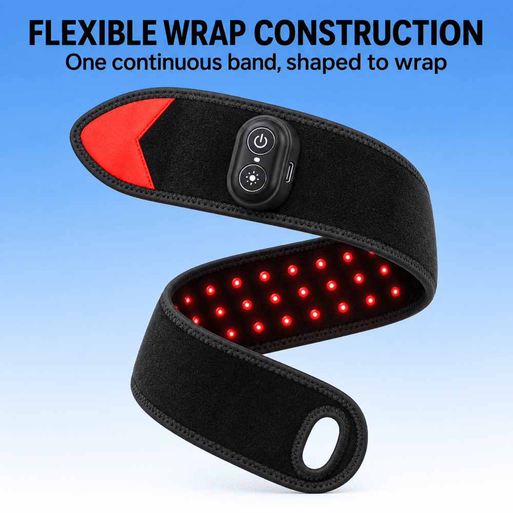 A black flexible LED light therapy wrap band with a red triangular accent and a built-in control module, shown on a blue gradient background with text reading 'FLEXIBLE WRAP CONSTRUCTION' and 'One continuous band, shaped to wrap.'.