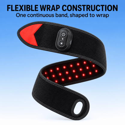 A black flexible LED light therapy wrap band with a red triangular accent and a built-in control module, shown on a blue gradient background with text reading 'FLEXIBLE WRAP CONSTRUCTION' and 'One continuous band, shaped to wrap.'.