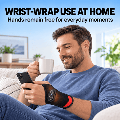 A man sitting on a couch in a living room, holding a mug and a smartphone while wearing a black wrist wrap device with red accents on his wrist. Large text at the top reads 'WRIST-WRAP USE AT HOME' and 'Hands remain free for everyday moments.