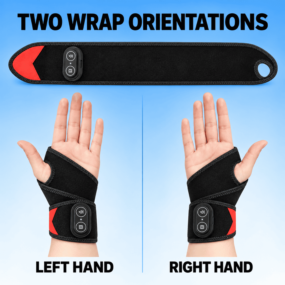 An instructional comparison graphic showing a black wrist wrap with red accent panels and a central control module. The top panel shows the strap laid flat under the text 'TWO WRAP ORIENTATIONS,' and the bottom panel shows both hands wearing the wrap, labeled 'LEFT HAND' and 'RIGHT HAND.