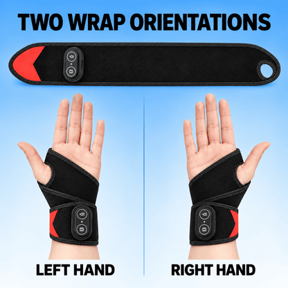 An instructional comparison graphic showing a black wrist wrap with red accent panels and a central control module. The top panel shows the strap laid flat under the text 'TWO WRAP ORIENTATIONS,' and the bottom panel shows both hands wearing the wrap, labeled 'LEFT HAND' and 'RIGHT HAND.