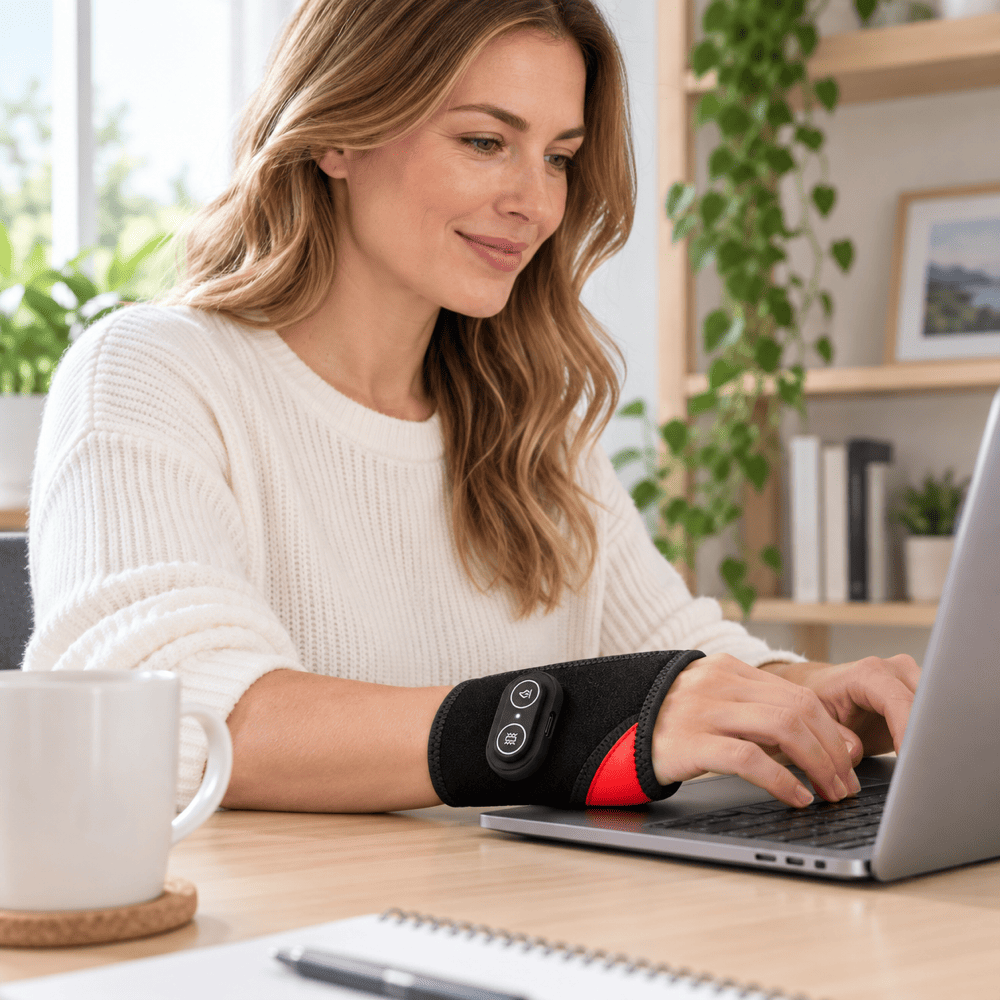 A woman sitting at a wooden desk typing on a laptop, wearing a black wrist cuff with a red accent and a small electronic device on her wrist.