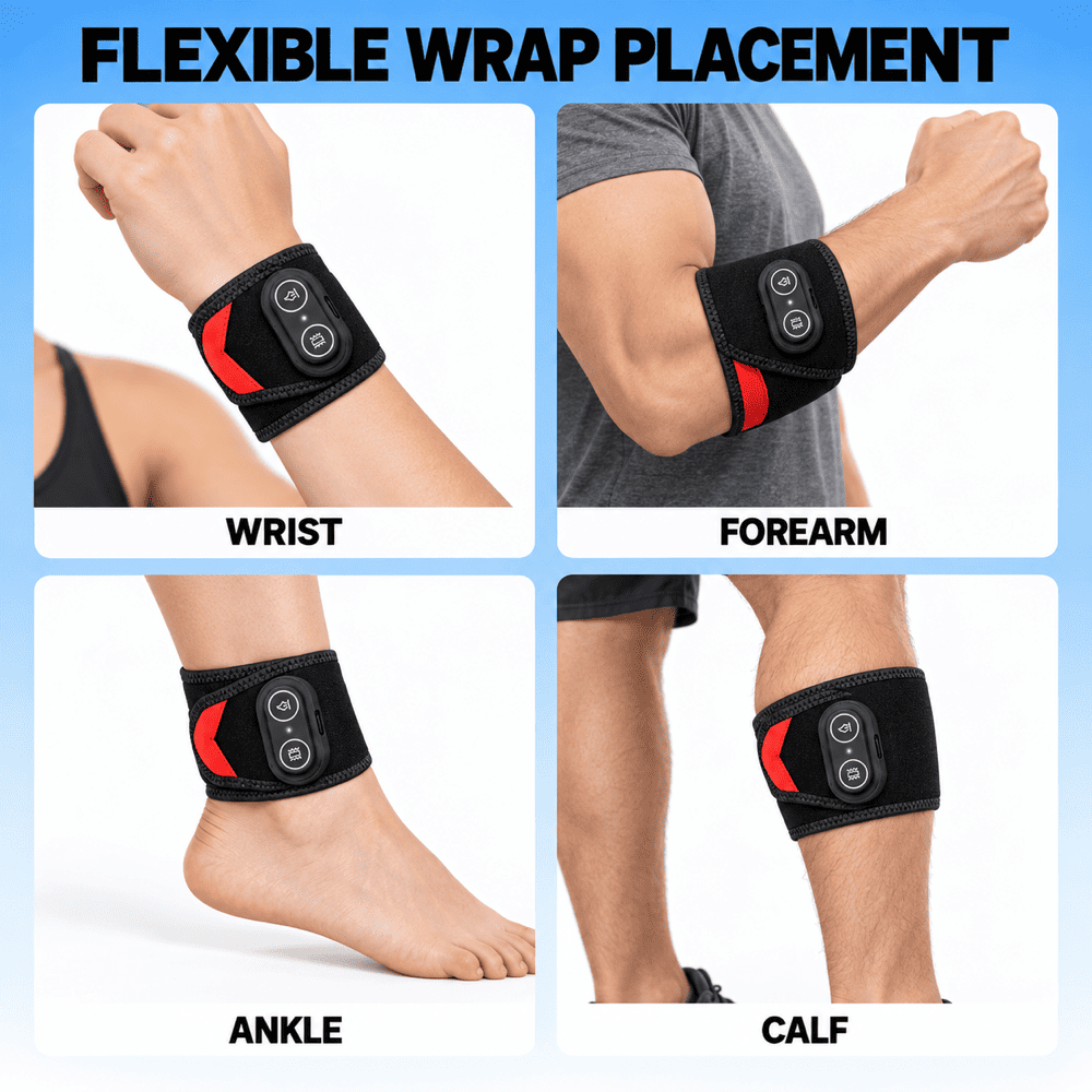 Four-panel graphic showing a black and red wrist/ankle wrap being worn on a wrist, forearm, ankle, and calf, with the headline 'FLEXIBLE WRAP PLACEMENT' and labels for each use case.
