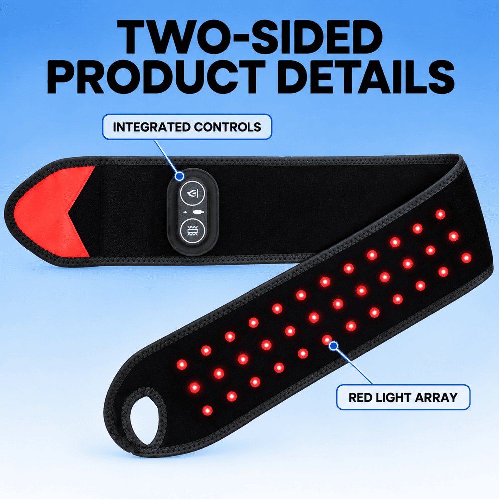 Two-sided neck light therapy strip shown on a blue gradient background with text callouts reading 'TWO-SIDED PRODUCT DETAILS,' 'INTEGRATED CONTROLS,' and 'RED LIGHT ARRAY.' The product is black with a red accent on one end and glowing red LED lights across the other side.