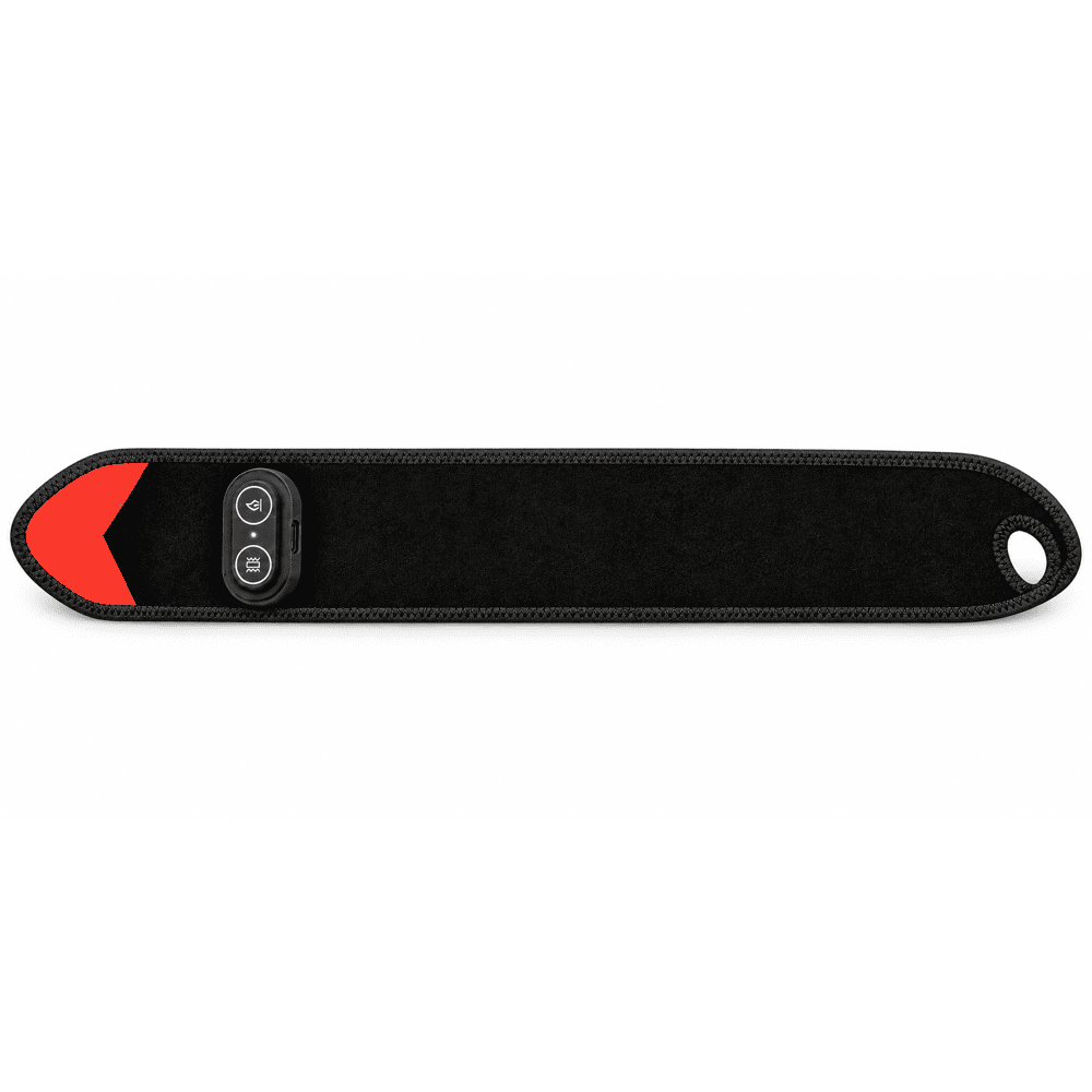 A black neoprene wrist strap with a red triangular accent on one end and a built-in black control module with two buttons, shown on a plain white background.