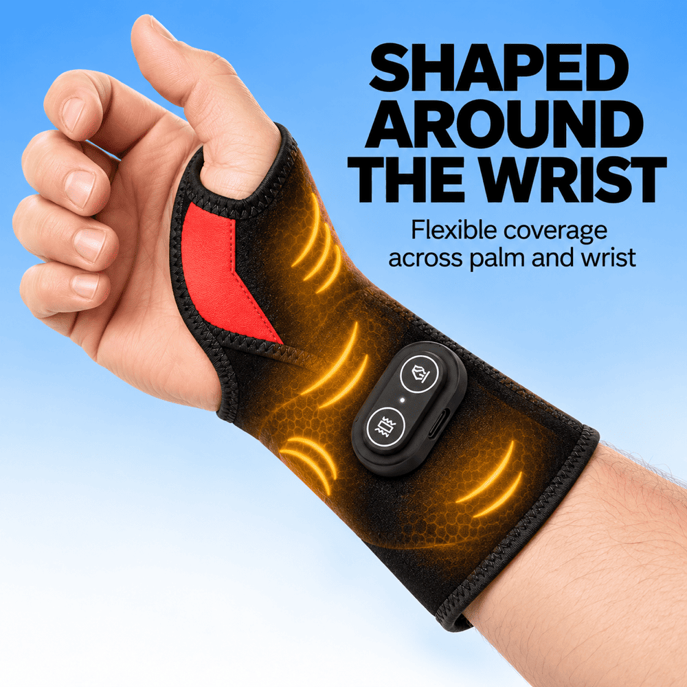 A wrist brace with a black and red design shown on a hand, featuring a control panel and glowing heat graphics, with text reading 'SHAPED AROUND THE WRIST' and 'Flexible coverage across palm and wrist' on a blue gradient background.