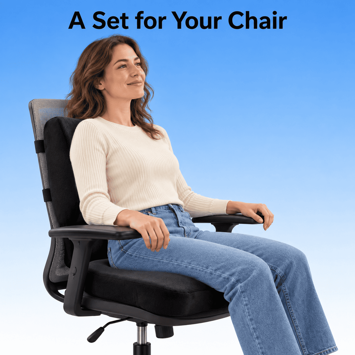 A woman sits on a black mesh and cushioned office chair against a blue gradient background, with the text 'A Set for Your Chair' at the top.
