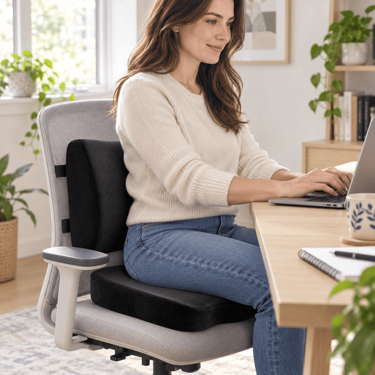 A woman sits in a light gray office chair with black lumbar support cushions, working at a wooden desk with a laptop in a bright home office.