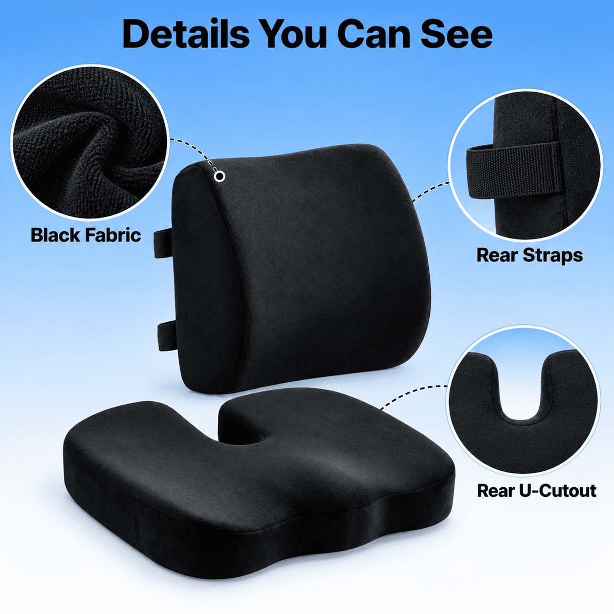 Black contoured lumbar support seat cushion shown on a blue gradient background with three circular detail callouts labeled Black Fabric, Rear Straps, and Rear U-Cutout, under the heading Details You Can See.