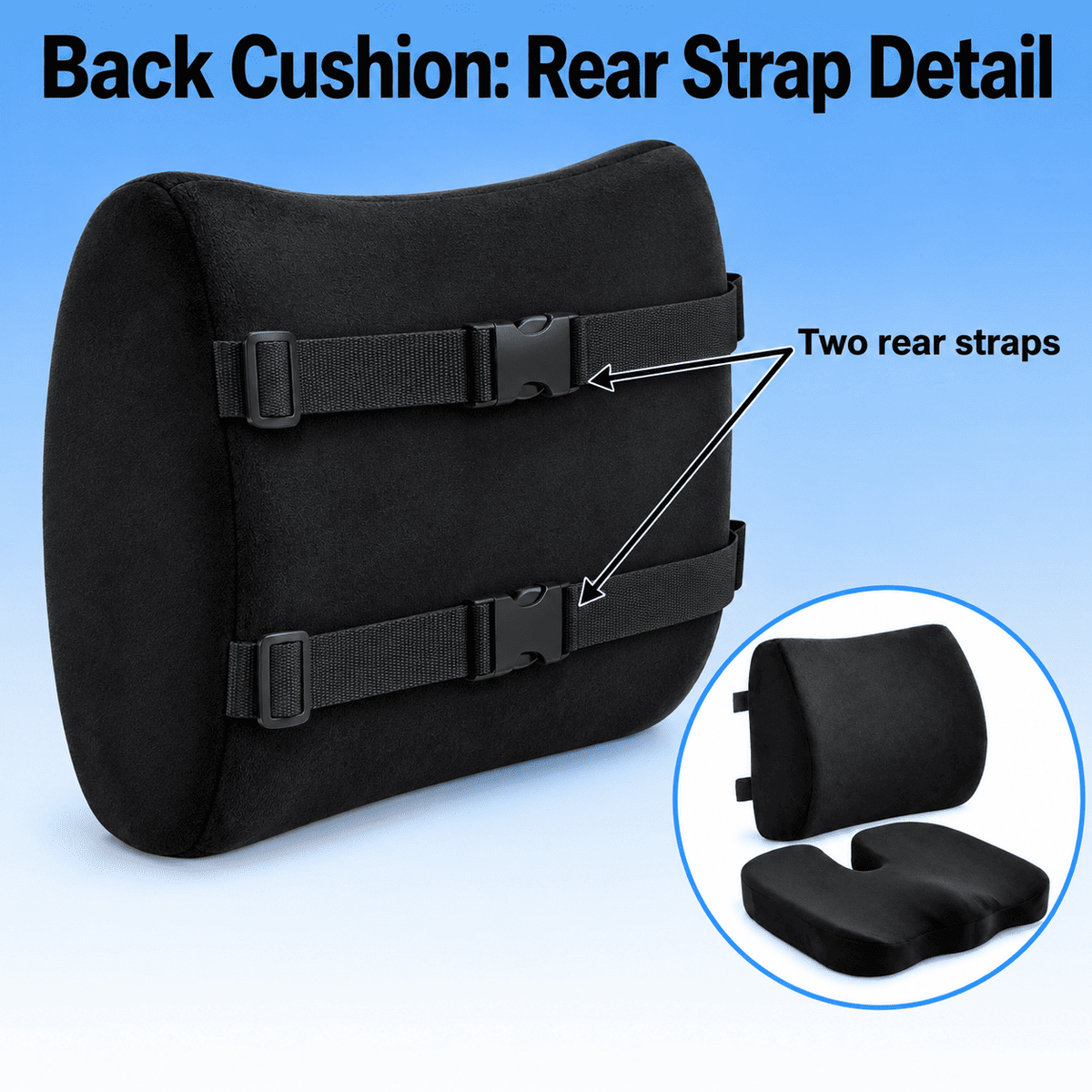 Black lumbar support back cushion with two adjustable rear straps, shown on a blue gradient background with text reading 'Back Cushion: Rear Strap Detail' and an inset showing the cushion and seat pad.