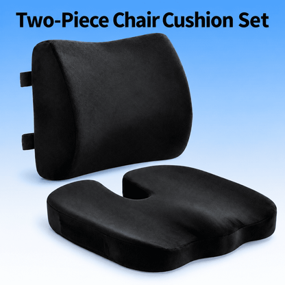 Two-piece black chair cushion set consisting of a contoured seat cushion and a matching backrest pillow, shown against a blue gradient background with the text 'Two-Piece Chair Cushion Set' at the top.