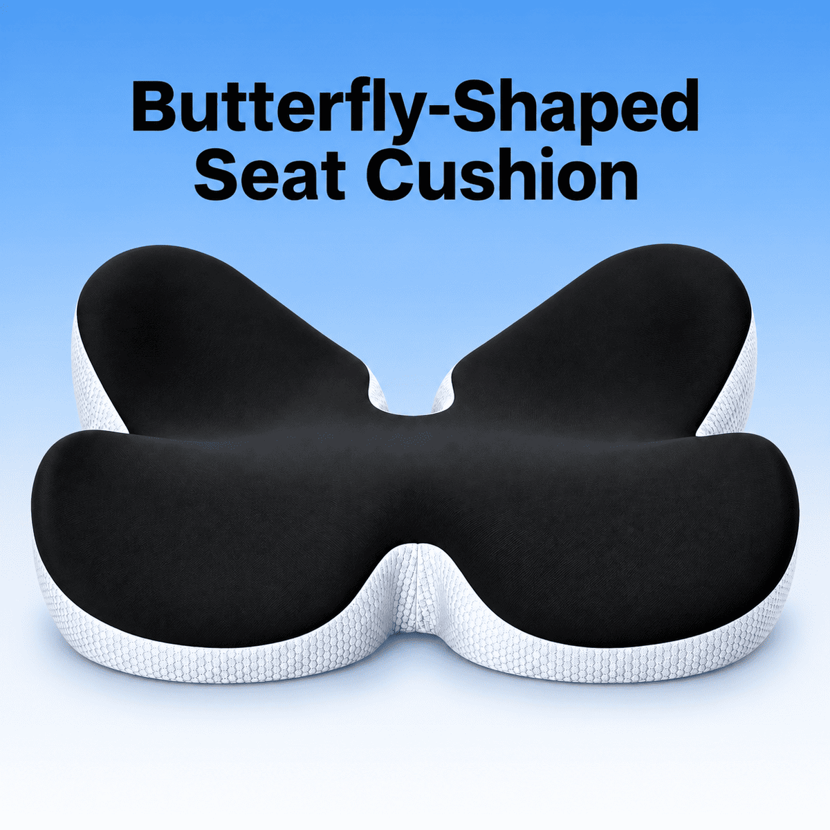 A butterfly-shaped seat cushion with a black top surface and a white textured base, shown against a blue gradient background with the text 'Butterfly-Shaped Seat Cushion' at the top.