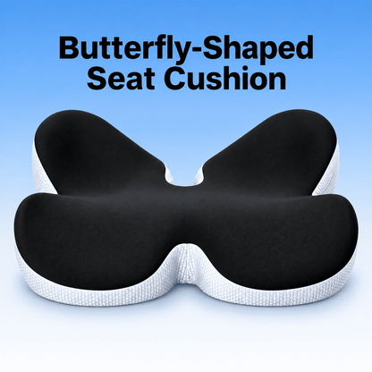 A butterfly-shaped seat cushion with a black top surface and a white textured base, shown against a blue gradient background with the text 'Butterfly-Shaped Seat Cushion' at the top.