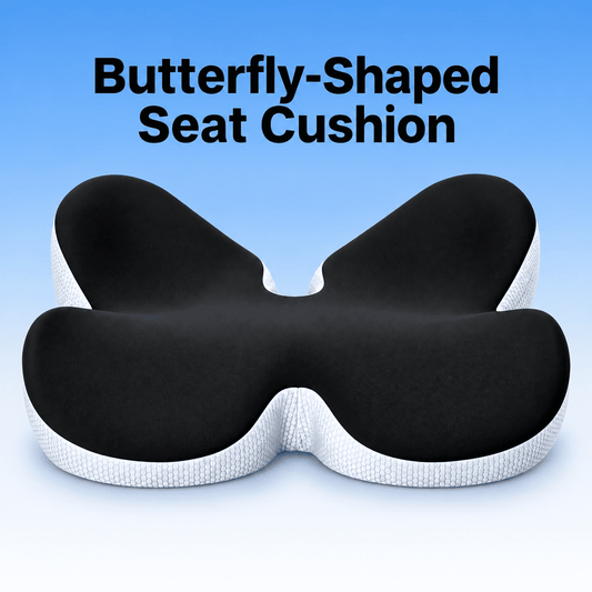 A butterfly-shaped seat cushion with a black top surface and a white textured base, shown against a blue gradient background with the text 'Butterfly-Shaped Seat Cushion' at the top.