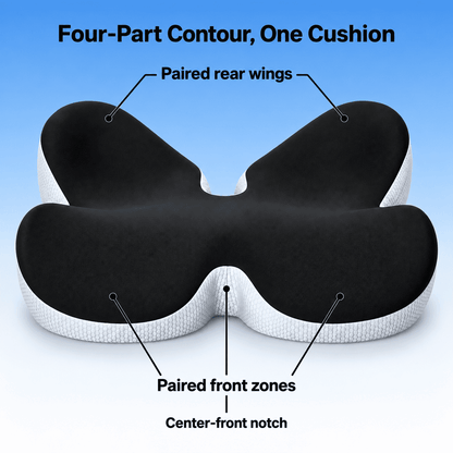An ergonomic four-part contour cushion with black top padding and white textured sides, shown on a blue gradient background with callout labels pointing to paired rear wings, paired front zones, and the center-front notch.