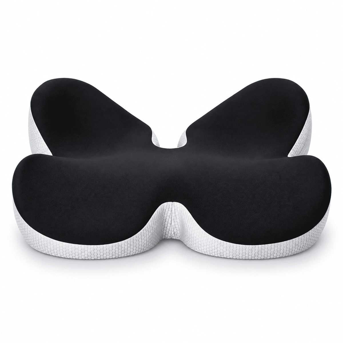 A butterfly-shaped ergonomic pillow with a black textured top surface and a white textured bottom base, shown on a clean white background.