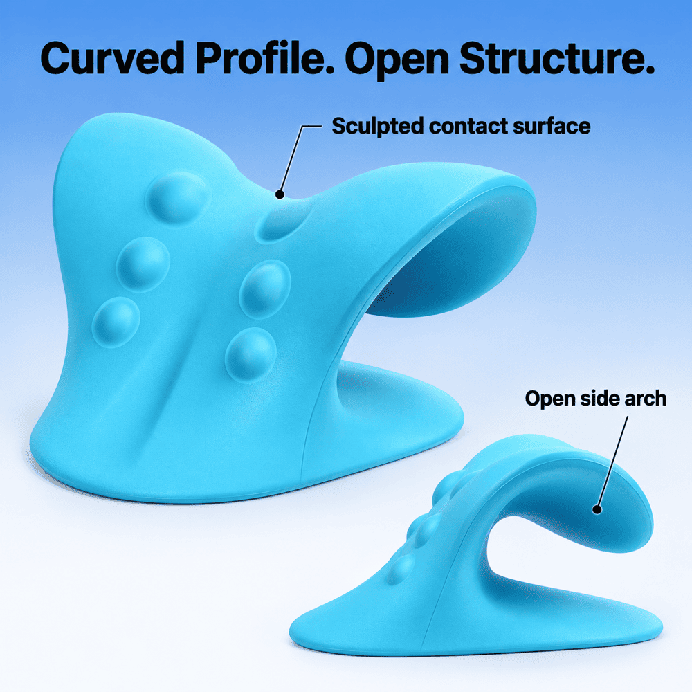 Blue contoured neck support shown in angled and side views, highlighting its curved surface and open arch