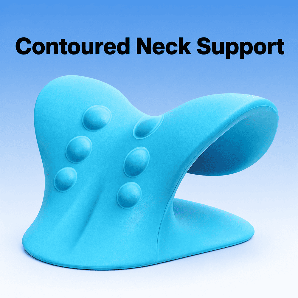 Blue contoured neck support with six raised contact points and an open side arch on a blue gradient background