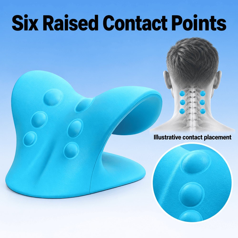 Blue contoured neck support with six raised contact points, a close-up and an illustrated rear-neck placement diagram