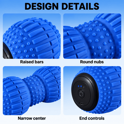 Blue roller massager with close-ups of raised bars, round nubs, a narrow center and integrated end controls