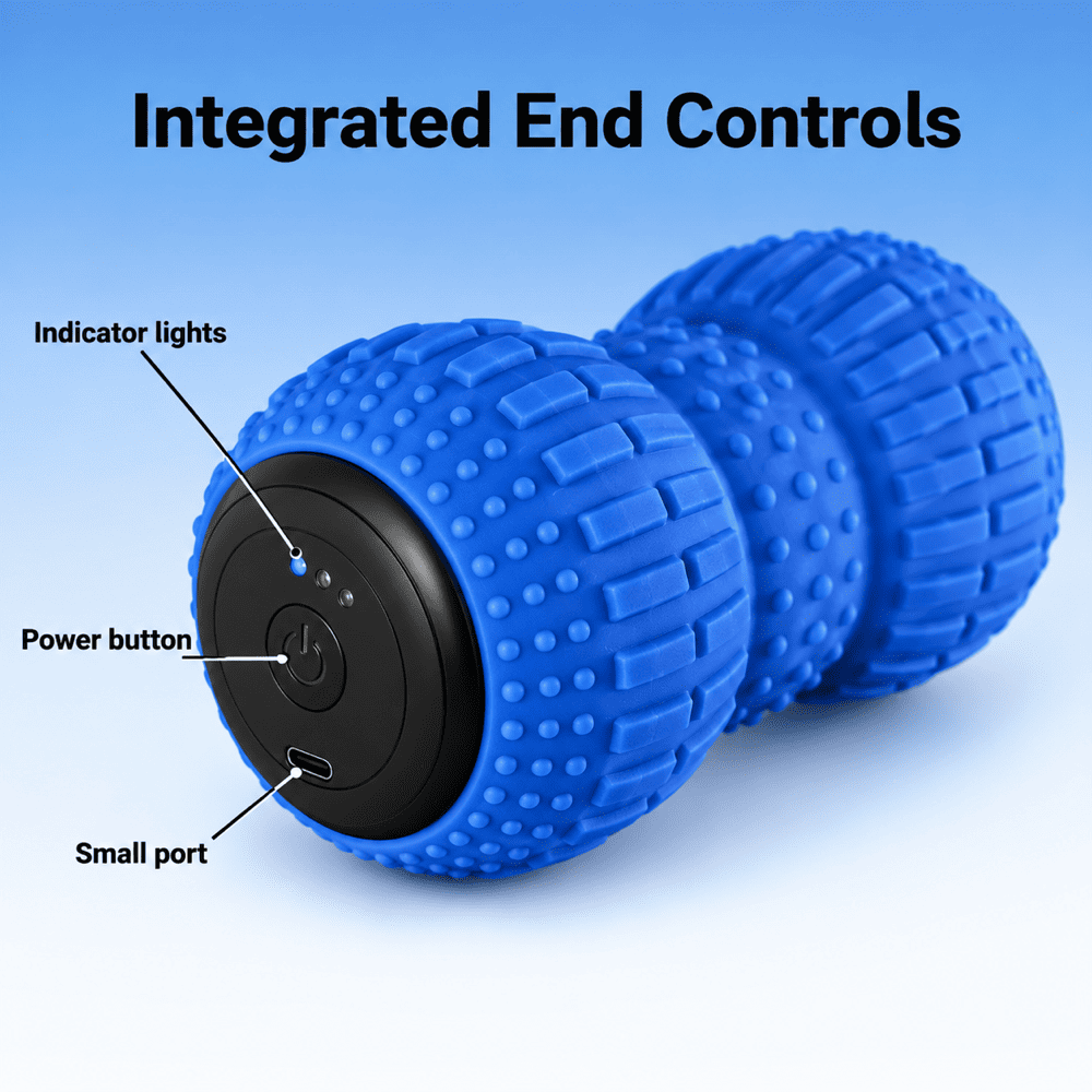 Blue roller massager with labeled indicator lights, a power button and a small port on its black end panel