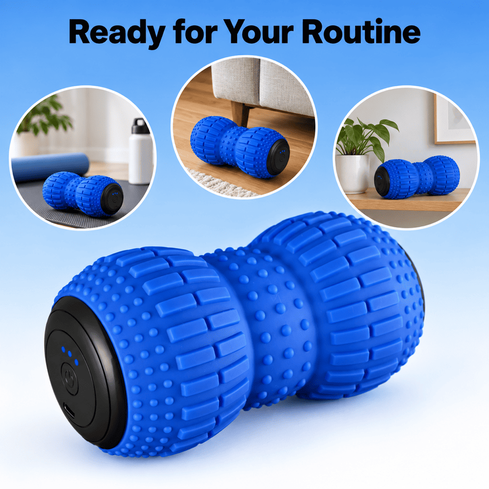 Blue roller massager with inset views showing it placed beside furniture and on the floor at home
