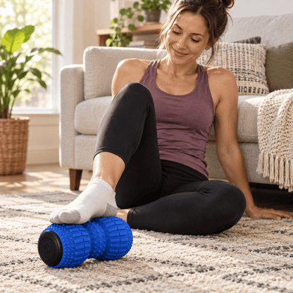 Woman sitting on a rug with her socked foot resting on a blue roller massager