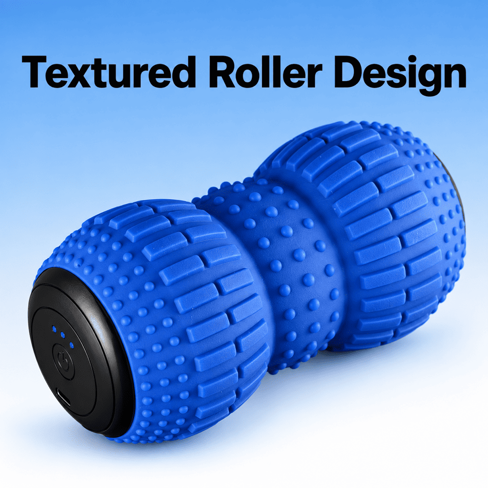 Blue dumbbell-shaped roller massager with raised bars, round nubs and a black end control panel on a blue background