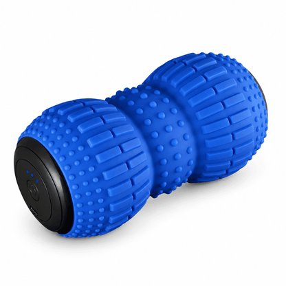 A blue textured foam massage roller with a black power button base, shown on a clean white background.