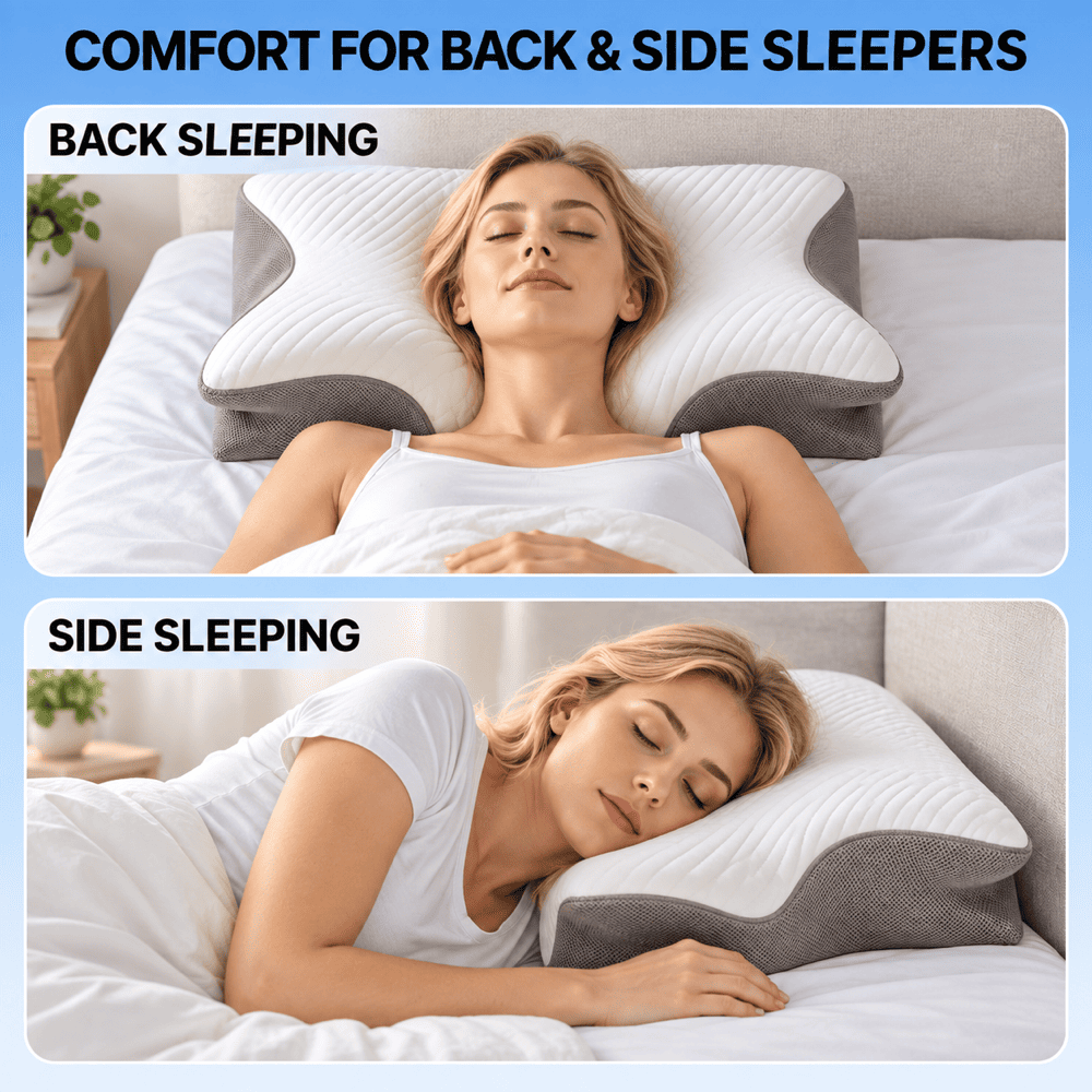 A split-screen comparison showing a woman using a contoured pillow for back and side sleepers. The top panel shows her lying down on her back with the pillow supporting her neck and head.