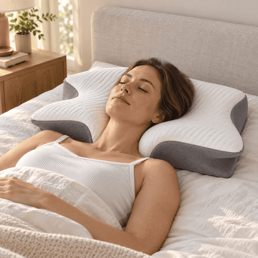 A woman lies on her side in bed with her eyes closed, resting on a white and gray contoured pillow. The bedroom setting includes a light gray upholstered headboard, white bedding, and a wooden bedside table with a plant in the background.