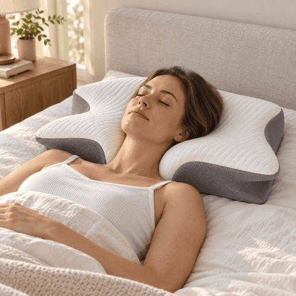 A woman lies on her side in bed with her eyes closed, resting on a white and gray contoured pillow. The bedroom setting includes a light gray upholstered headboard, white bedding, and a wooden bedside table with a plant in the background.