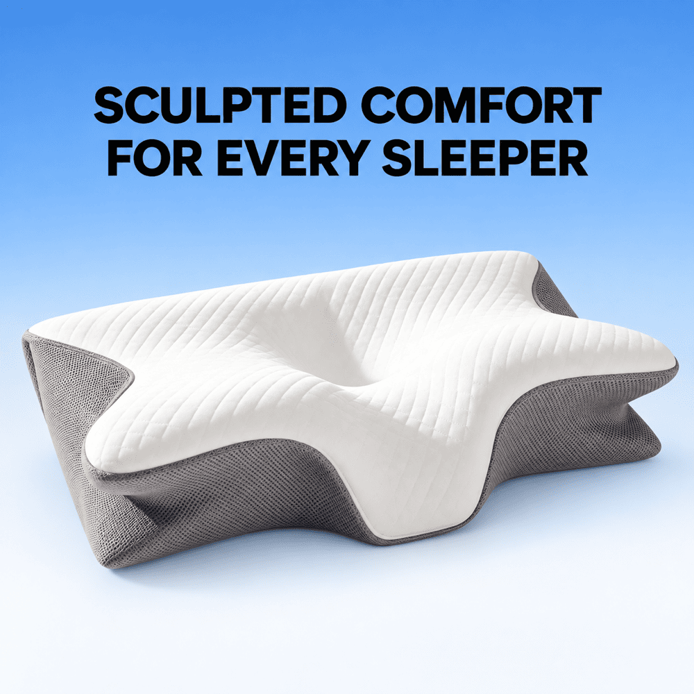 A contoured ergonomic pillow with a white quilted top and gray textured sides, displayed against a blue gradient background with the text 'SCULPTED COMFORT FOR EVERY SLEEPER'.