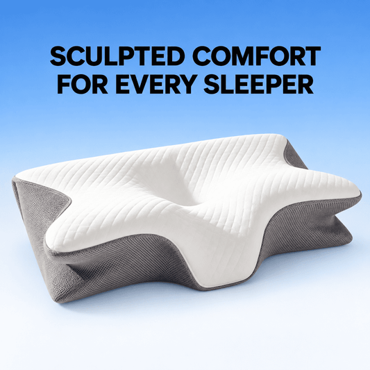 A contoured ergonomic pillow with a white quilted top and gray textured sides, displayed against a blue gradient background with the text 'SCULPTED COMFORT FOR EVERY SLEEPER'.