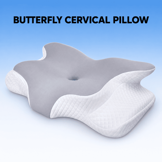 A butterfly-shaped cervical pillow with a gray top surface and white quilted side edges, shown on a blue-to-white gradient background with the text 'BUTTERFLY CERVICAL PILLOW' at the top.