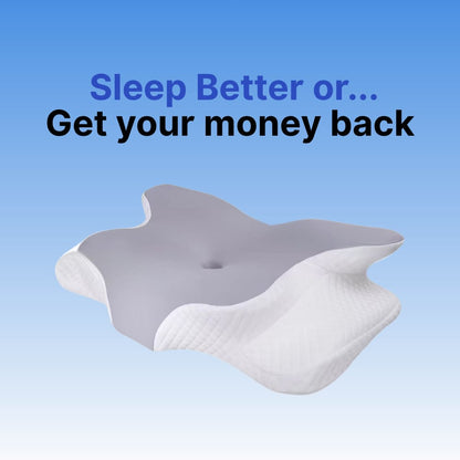 Gray and white Byeache butterfly cervical pillow with a central head recess on a blue gradient background