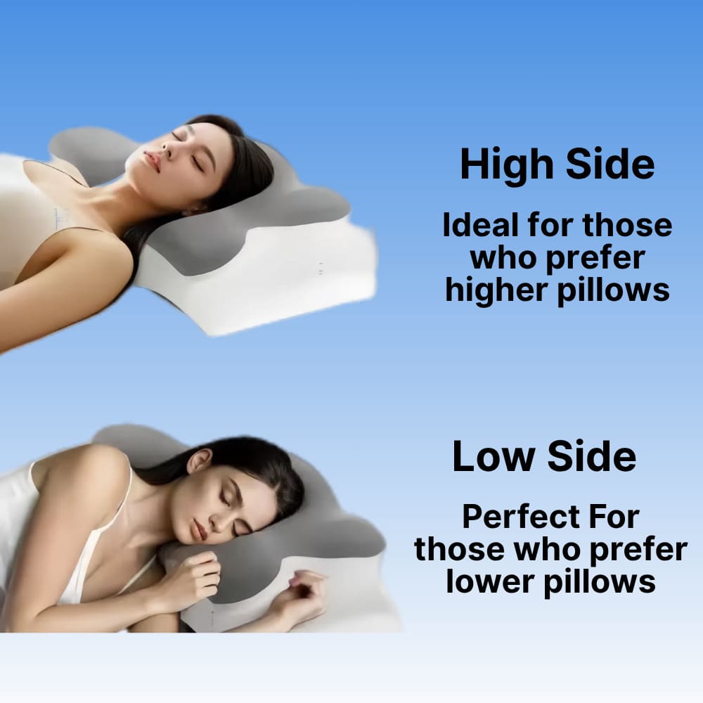 Two women using the high and low sides of a gray Byeache butterfly cervical pillow