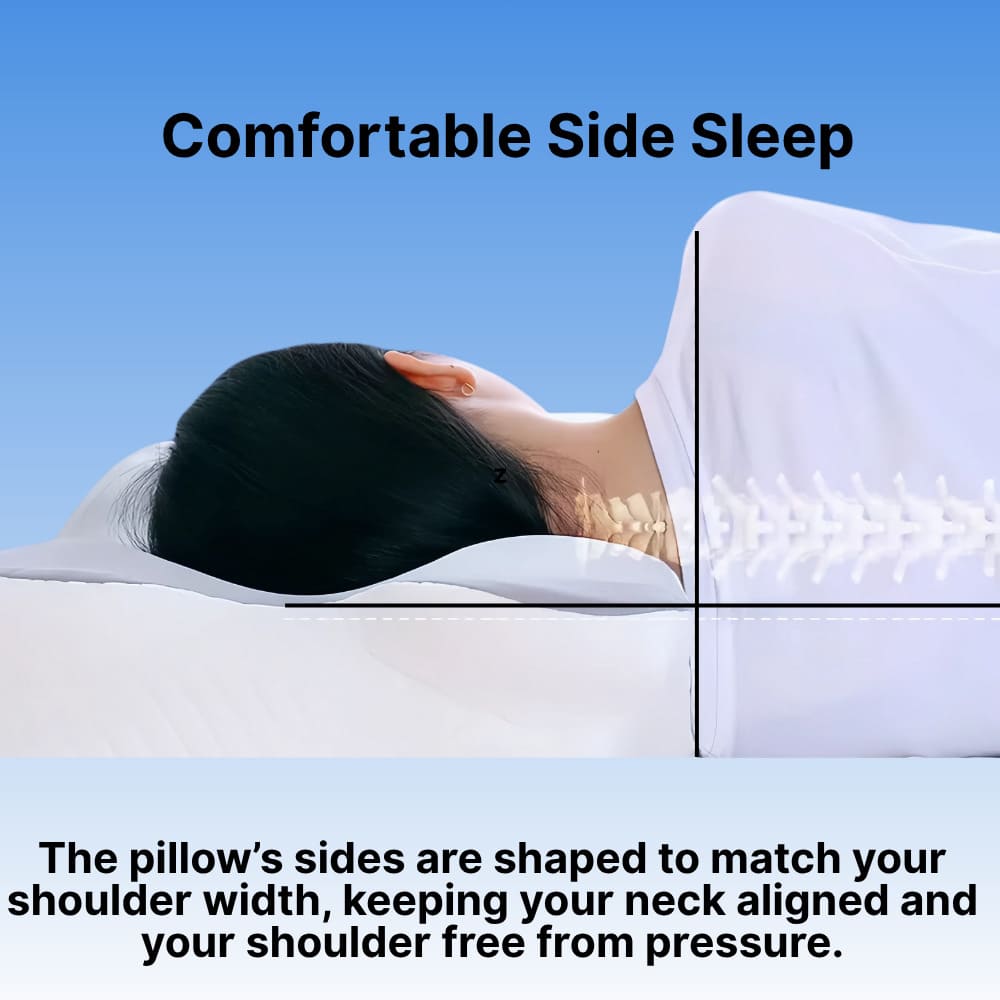 Person resting on a Byeache butterfly cervical pillow with a neck and shoulder alignment overlay