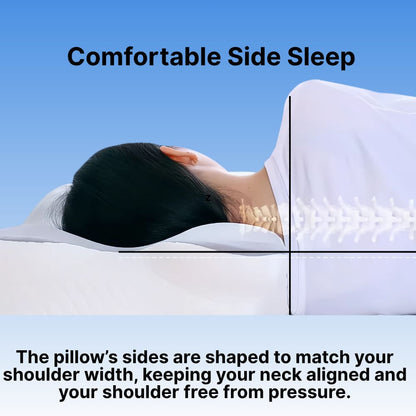 Person resting on a Byeache butterfly cervical pillow with a neck and shoulder alignment overlay